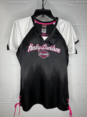 Harley Davidson Hot Pink Lace Up Side Moto Jersey Top Black M